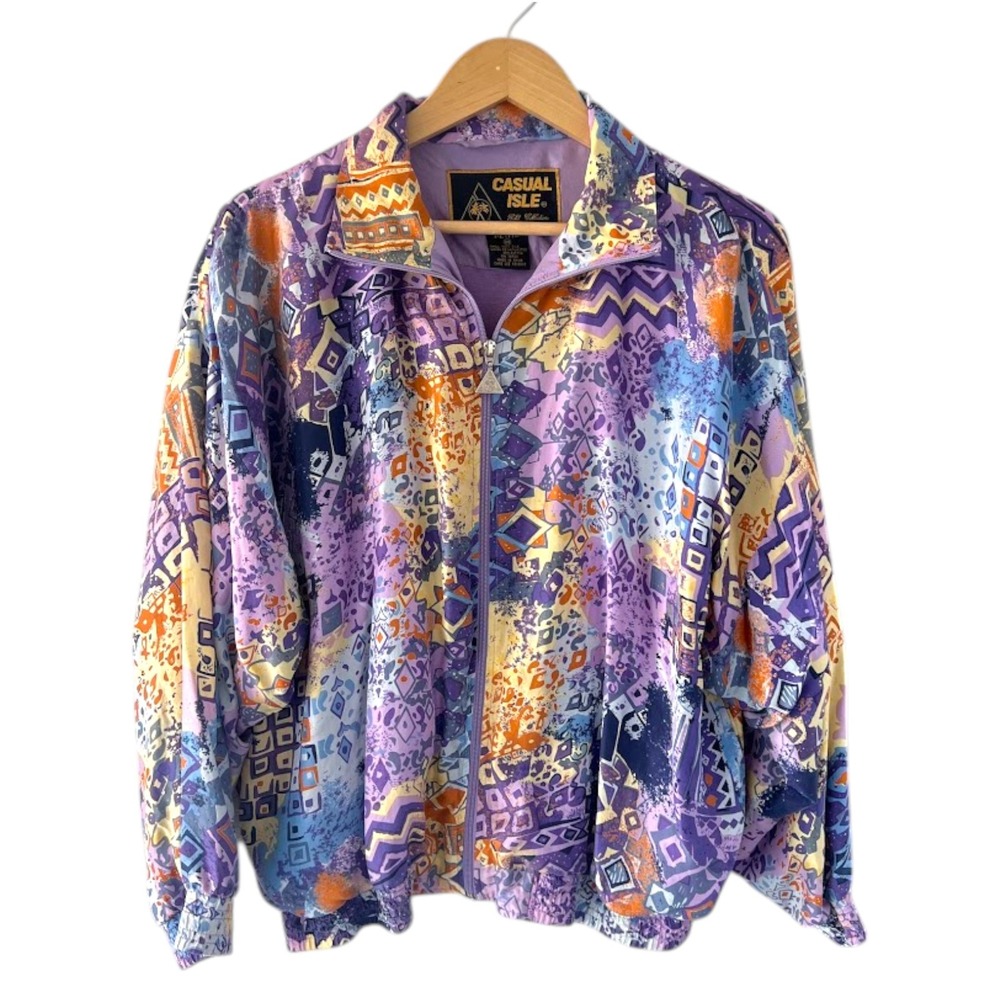 Casual Isle Vintage 100% Silk Abstract Geometric Bomber Jacket Purple‎ Petite M
